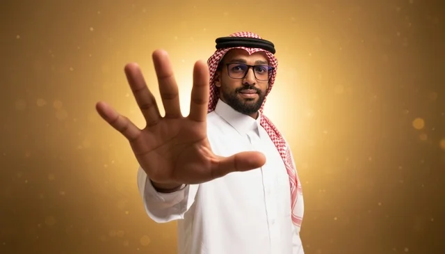 Saudi Man in Traditional Attire Making Stop Gesture