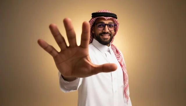 رجل سعودي بالزي التقليدي يمد يده في الاستوديو