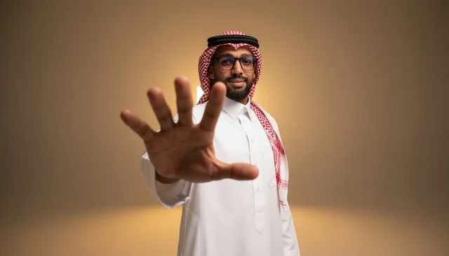 رجل سعودي بالزي التقليدي يشير بعلامة التوقف