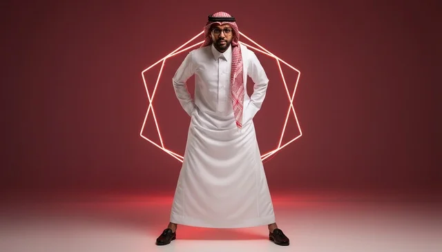 Saudi Man in Traditional Thobe with Neon Background