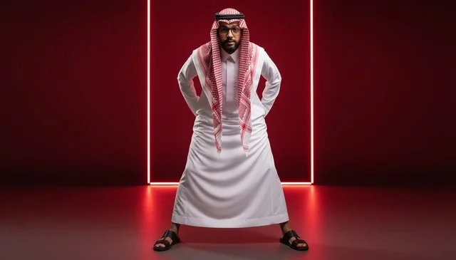 رجل سعودي بالزي التقليدي مع إطار نيون أحمر