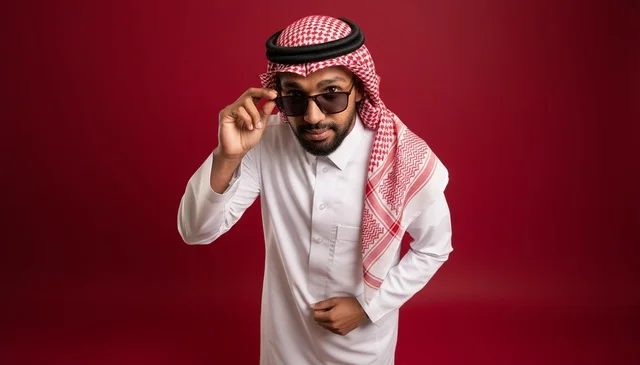 Saudi Man in Traditional Thobe with Sunglasses Red Background