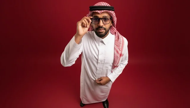 رجل سعودي بالثوب التقليدي والشماغ الأحمر ونظارة