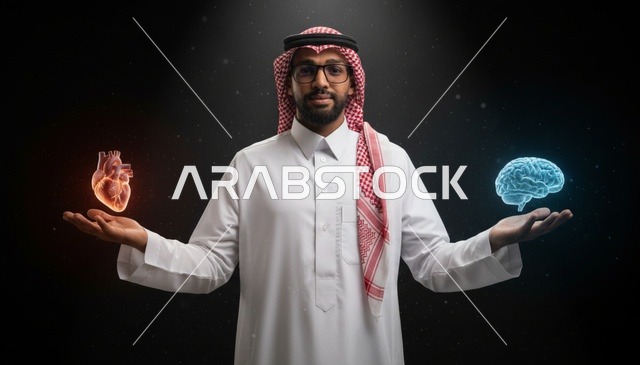 رجل سعودي يحمل هولوغرام القلب والعقل - صورة