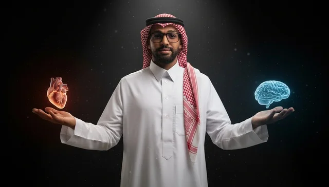 Saudi Man Holding Holographic Heart and Brain