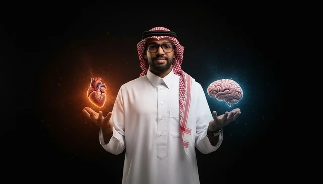 رجل سعودي يحمل القلب والعقل مفهوم التوازن