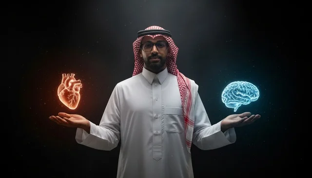 Saudi Man Holding Heart and Brain Holograms