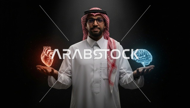 رجل سعودي يوازن بين العقل والقلب إضاءة درامية