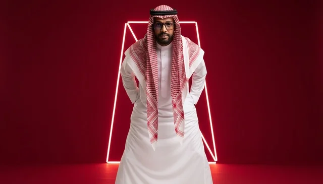 Saudi Man in Traditional Thobe with Red Neon Background