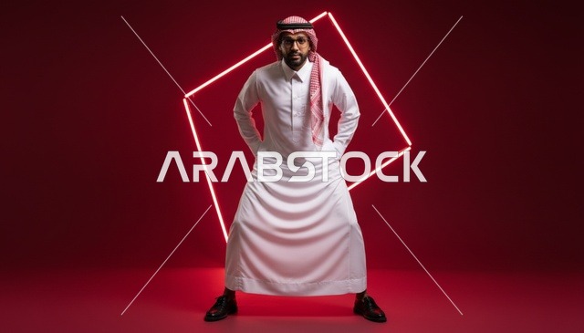رجل سعودي بالثوب التقليدي مع خلفية نيون حمراء