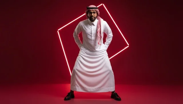 Saudi Man in Thobe with Red Neon Background