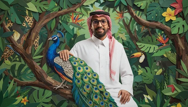 رجل سعودي بالزي التقليدي مع خلفية غابة ورقية رجل سعودي بالزي التقليدي مع خلفية غابة ورقية