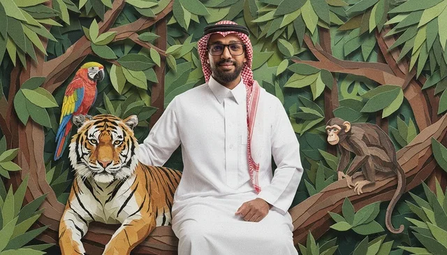 Saudi Man in Paper Art Jungle Illustration