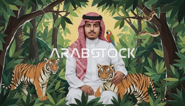 شاب سعودي مع نمور في رسم غابة استوائية