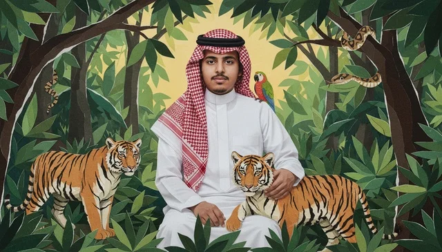 شاب سعودي مع نمور في رسم غابة استوائية