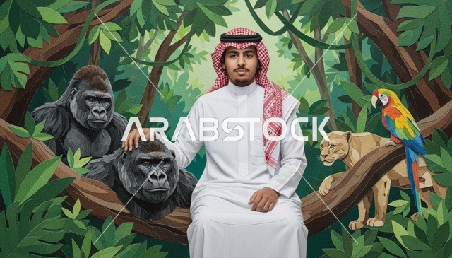 رجل سعودي في الغابة مع رسومات حيوانات برية