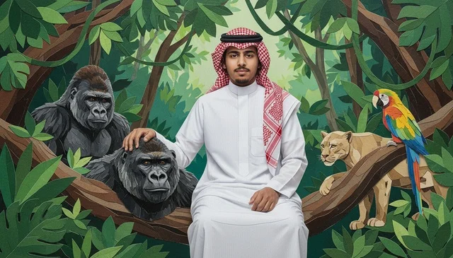 Saudi Man in Jungle with Wild Animals Illustration