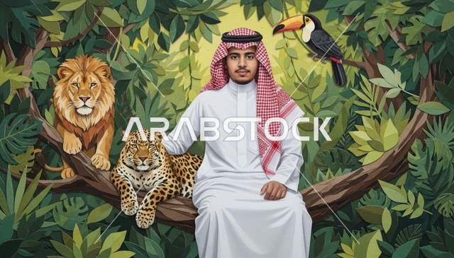 رجل سعودي بالثوب التقليدي مع حيوانات الغابة