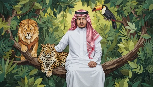Saudi Man in Thobe with Jungle Wildlife Illustration