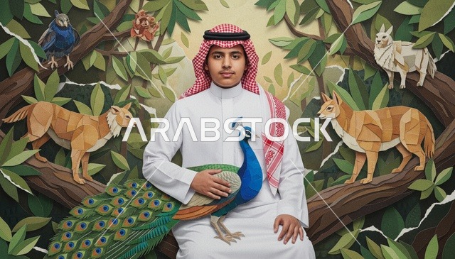 شاب سعودي مع طاووس وحيوانات برية بفن الورق
