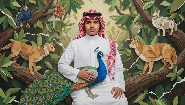 Saudi Man with Paper Art Peacock and Forest Animals