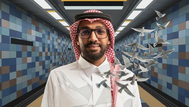 رجل سعودي بالزي التقليدي مع حمام طائر