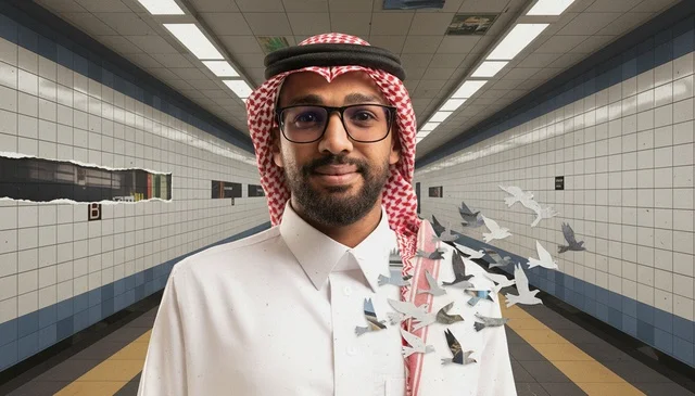 Saudi Man in Traditional Dress at Underground Metro Station