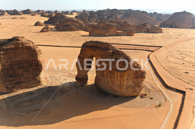 Creative image of Elephant Rock in Al-Ula, Saudi Arabia, the beauty of natural rock formations in Al-Ula Governorate, Elephant Rock in Al-Ula, the old town of Al-Ula, ancient historical and archaeological landmarks in Al-Ula, Saudi Arabia, Tourism in Saud