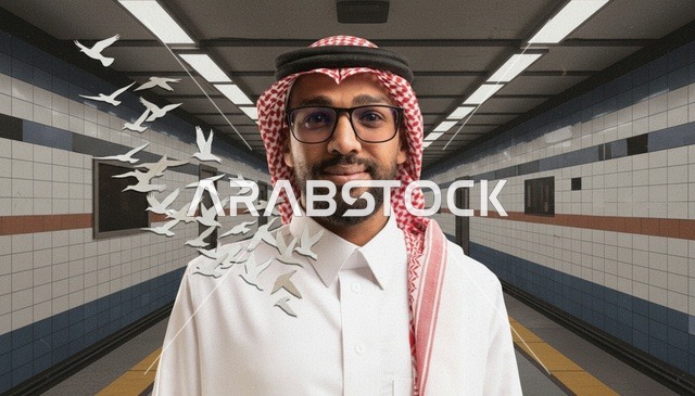 رجل سعودي بالزي التقليدي في محطة المترو