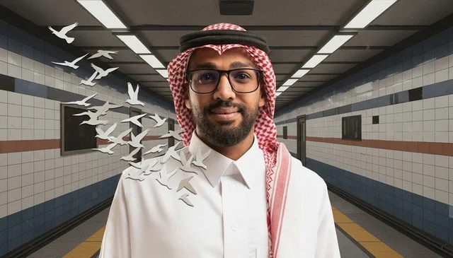 رجل سعودي بالزي التقليدي في محطة المترو