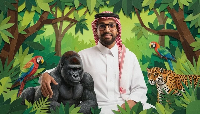 Saudi Man in Traditional Dress with Jungle Animals Art