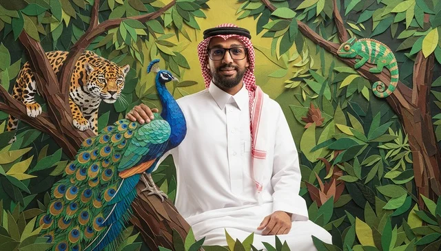 Saudi Man in Traditional Dress with Paper Art Jungle