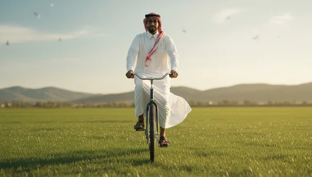 Saudi Man Riding Bicycle in Green Field Landscape