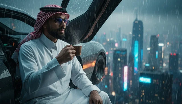 Saudi Man in Futuristic City Drinking Coffee in Rain Saudi Man in Futuristic City Drinking Coffee in Rain