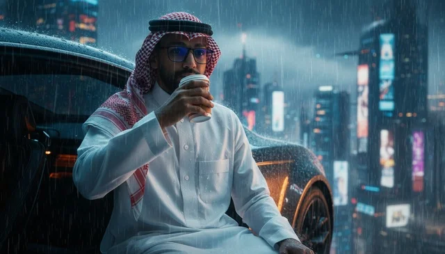 Saudi Man with Luxury Car in Rainy City Night