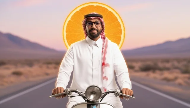 Saudi Man on Scooter in Desert with Orange Concept