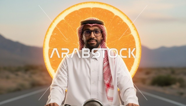 رجل سعودي على دراجة نارية مع قرص برتقال في الصحراء