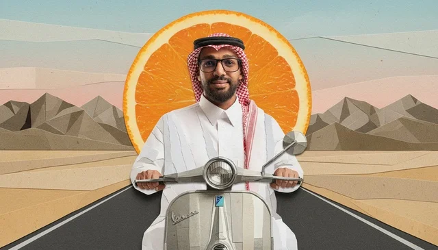 Saudi Man on Scooter with Creative Orange Backdrop