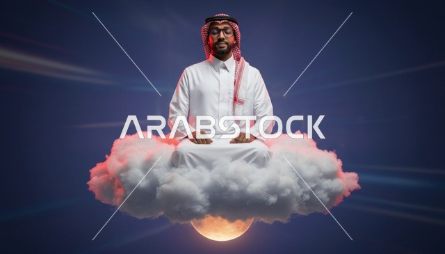 رجل سعودي يتأمل فوق سحابة بيضاء عمل فني سريالي
