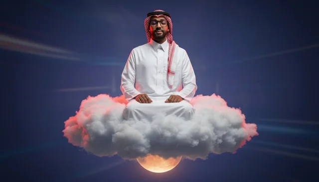 Saudi Man Meditating on Floating Cloud Surreal Art