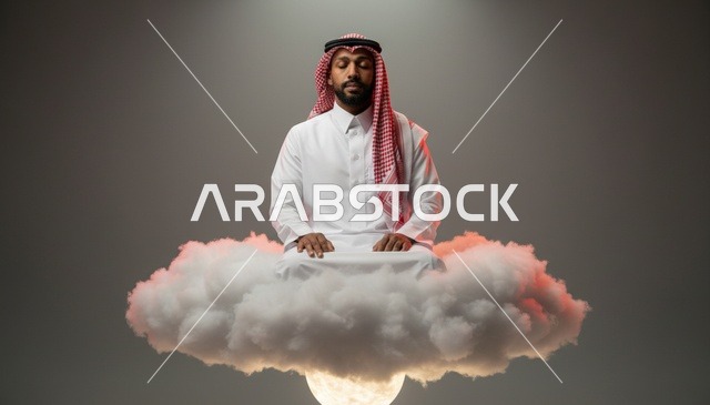 رجل سعودي يتأمل فوق سحابة عائمة في الاستوديو