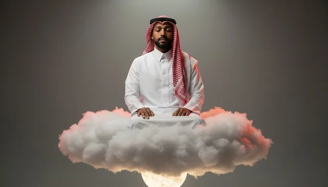 رجل سعودي يتأمل فوق سحابة عائمة في الاستوديو