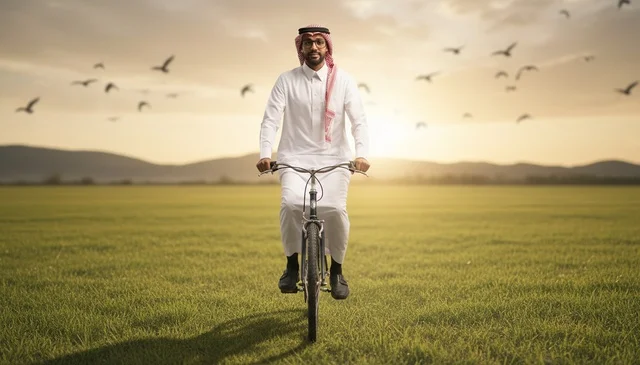 رجل سعودي يقود دراجة هوائية في حقل أخضر وقت الغروب
