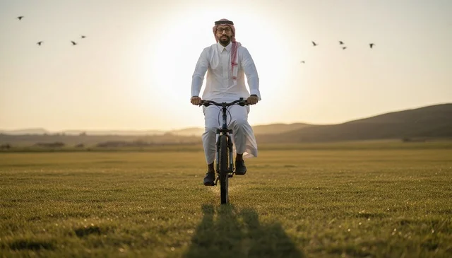 Saudi Man in Traditional Thobe Riding Bicycle at Sunset