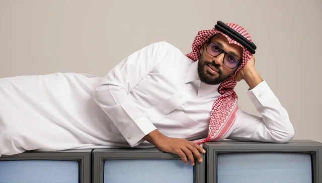 رجل سعودي يستلقي على أجهزة تلفاز قديمة