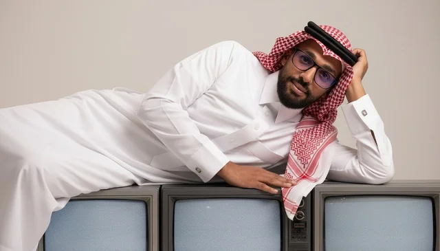 Saudi Man in Traditional Dress with Vintage Televisions