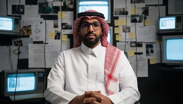 Saudi Man in Traditional Dress with Investigation Monitors