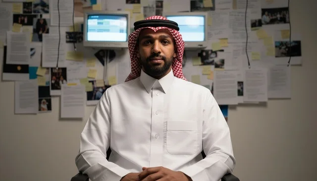 رجل سعودي بالثوب والشماغ التقليدي في المكتب