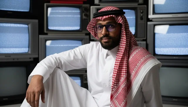 رجل سعودي بالزي التقليدي أمام جدار تلفزيونات قديمة