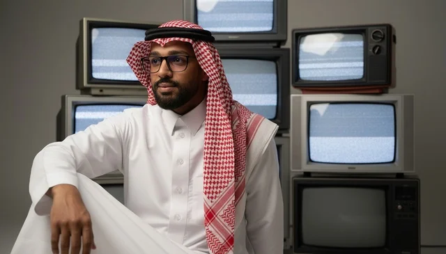 رجل سعودي بالزي التقليدي أمام أجهزة تلفاز قديمة
